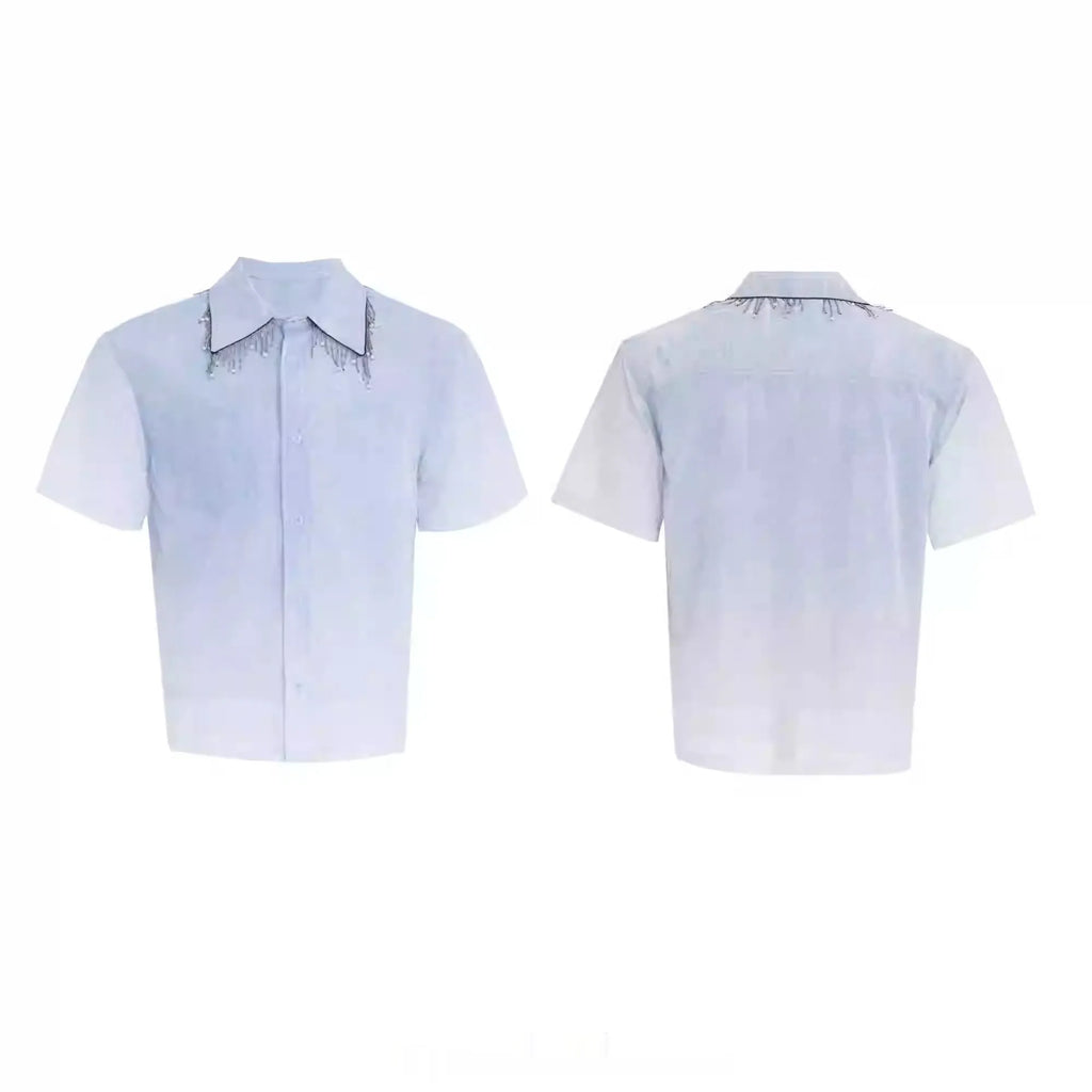 Blue and white gradient men's casual short shirt with loose fit and half sleeves