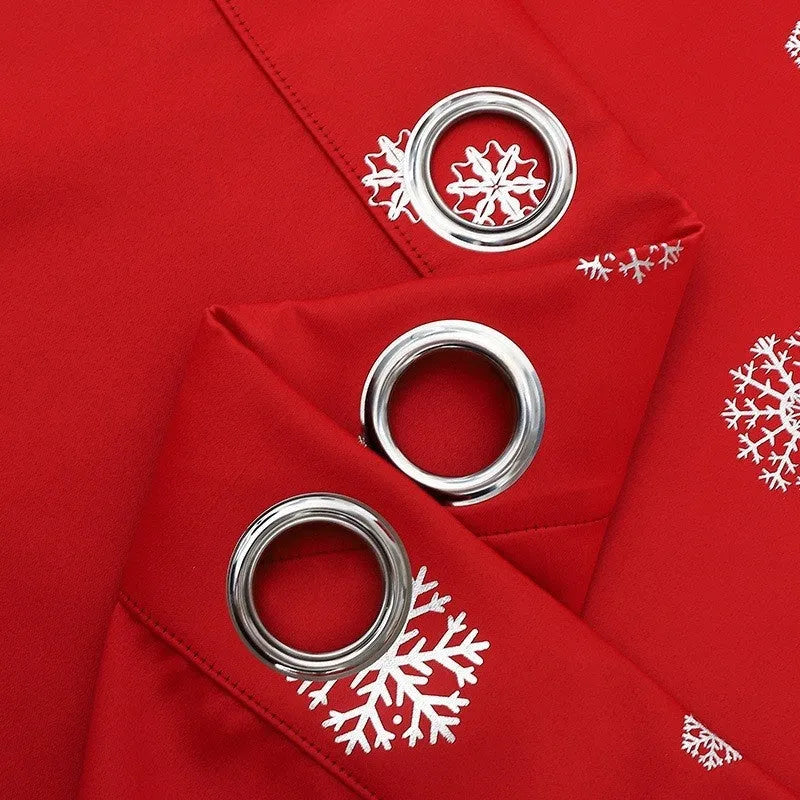 Snowflake pattern polyester shade cloth curtain hanging, showing solid fabric and modern design.