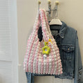 Pleated bubble bag women sweet flower design polyester soft vertical square crossbody shoulder bag with pendant in beige