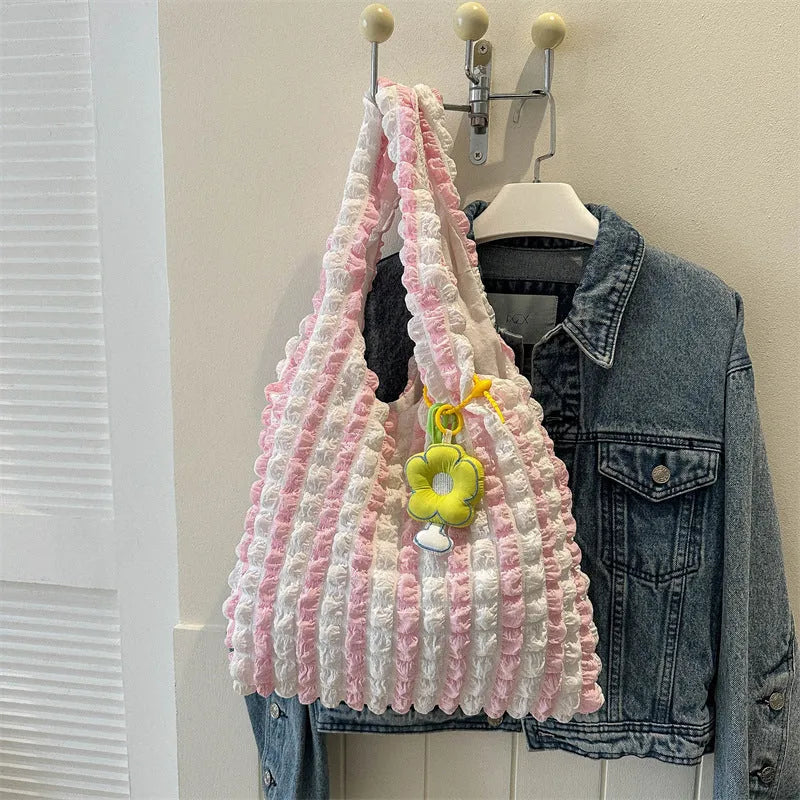 Pleated bubble bag women sweet flower design polyester soft vertical square crossbody shoulder bag with pendant in beige