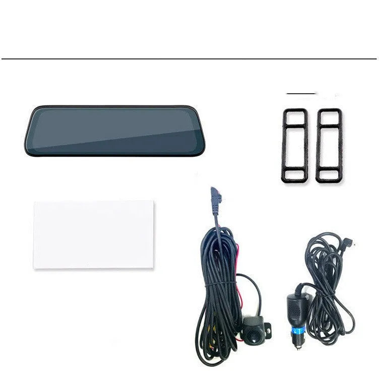 10-inch full screen dash cam with front and rear dual lens recording in 1080p, touch operation, and parking surveillance features.