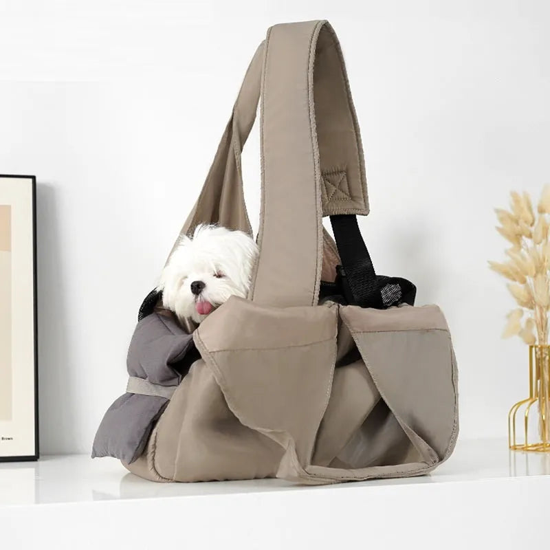 Apricot-coloured cloth pet travel handbag for small dogs and cats