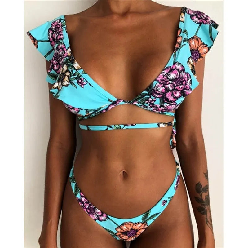 Women's split printed bikini set with yellow flowers, high elasticity nylon, backless retro dots design