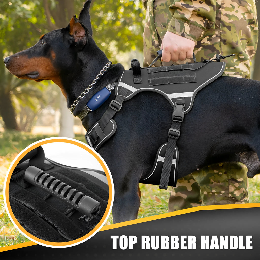 Tactical dog harness vest made from breathable polyester with hand holding rope and reflective strip in army green colour