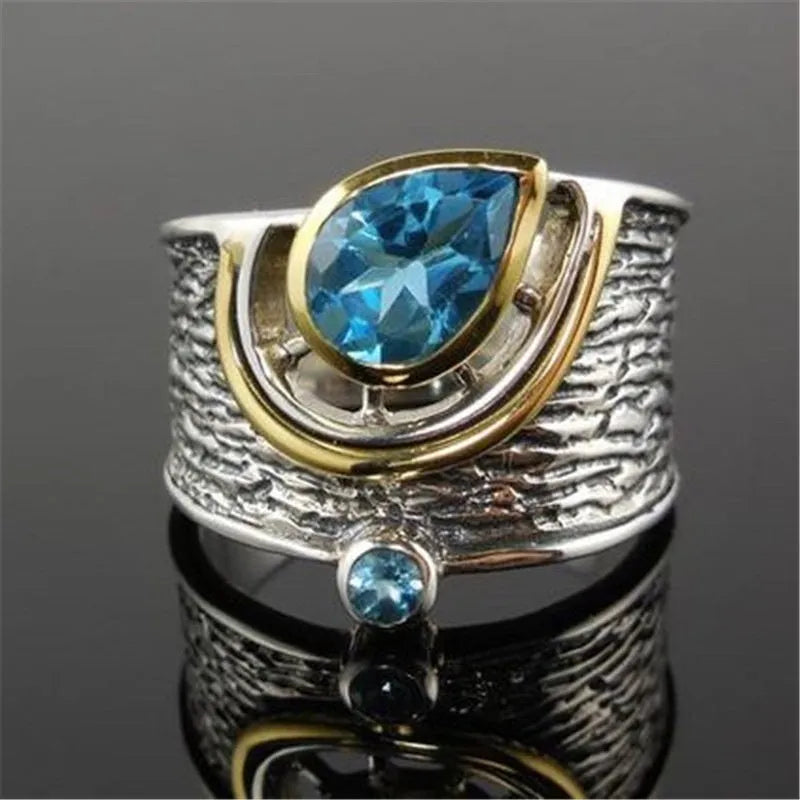 Blue alloy women's ring with Chinese style drop shape design and inlaid zircon rhinestone detailing