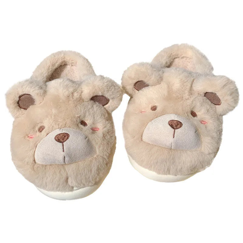 Ladies suede plush slippers in khaki with round toe and cute cartoon pattern