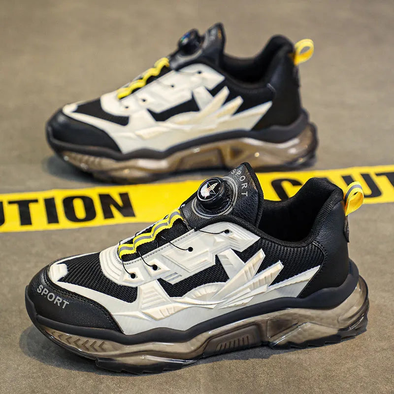 Men's black rotating button casual sneakers with mesh upper and round toe design