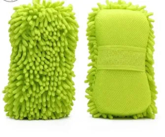Silver green microfiber car wash sponge measuring 14 cm by 25 cm