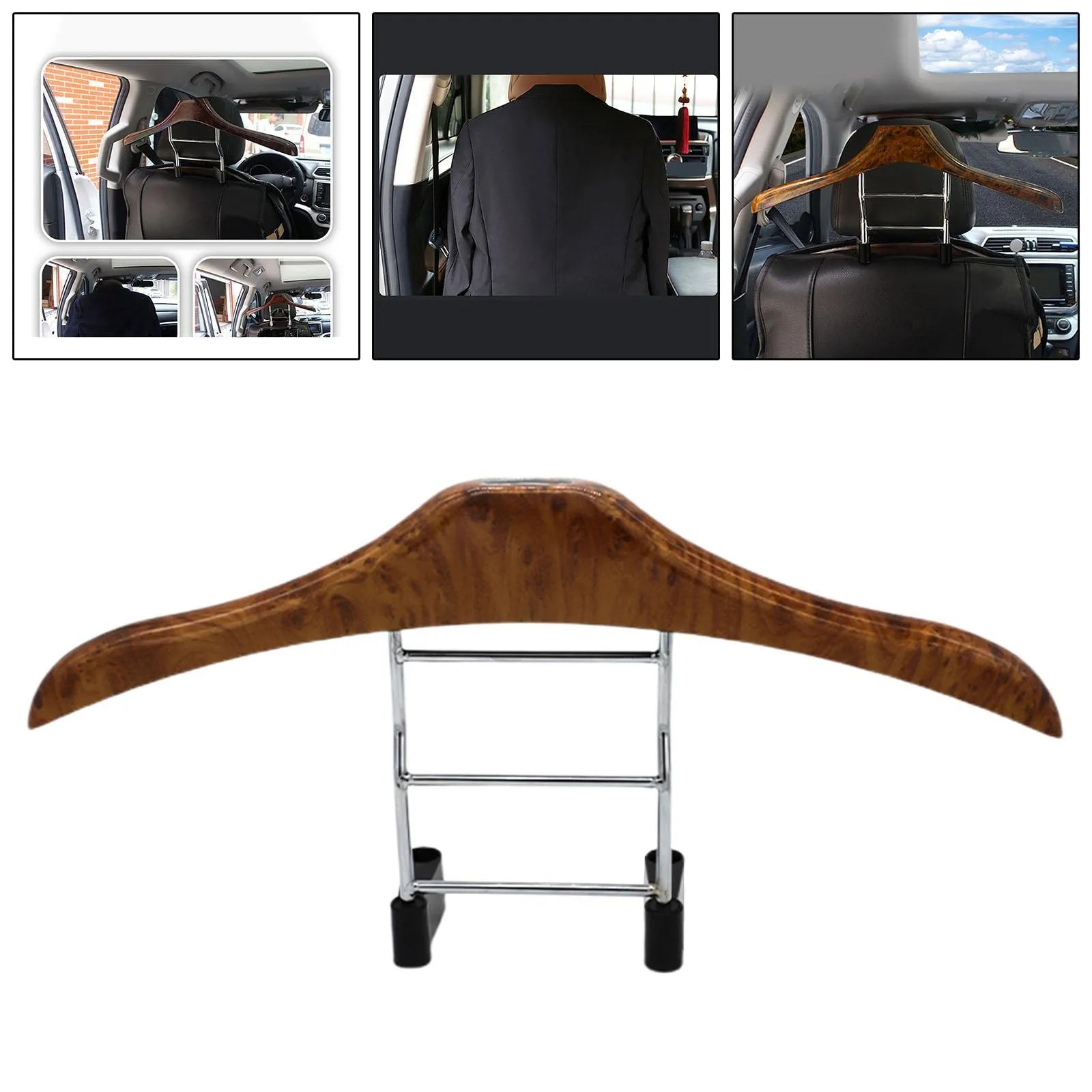 Wood yellow stainless steel car hanger measuring 46.5 x 23cm with detachable hooks