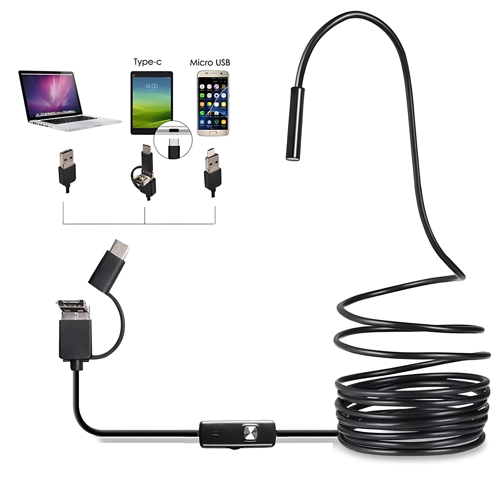 USB Android mobile phone endoscope with flexible cord, HD camera, hook, magnet, and side mirror accessories