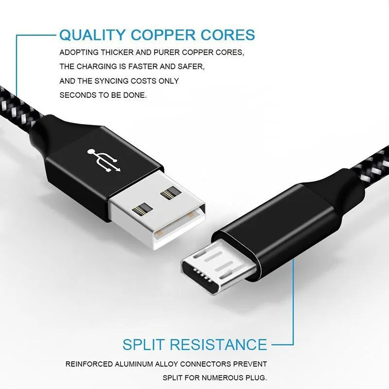 Braided nylon Micro USB fast charging cable for Android phones in black and white colour.