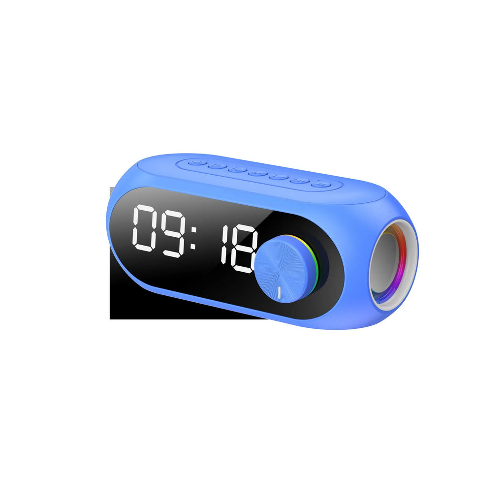 Extra Bass Portable Mini Clock Speaker in S8 Black colour on a desk with USB cable.