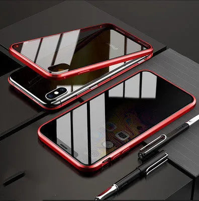 Anti-peep double-sided magneto phone case with metal frame and tempered glass for iPhone – solid colour flip cover