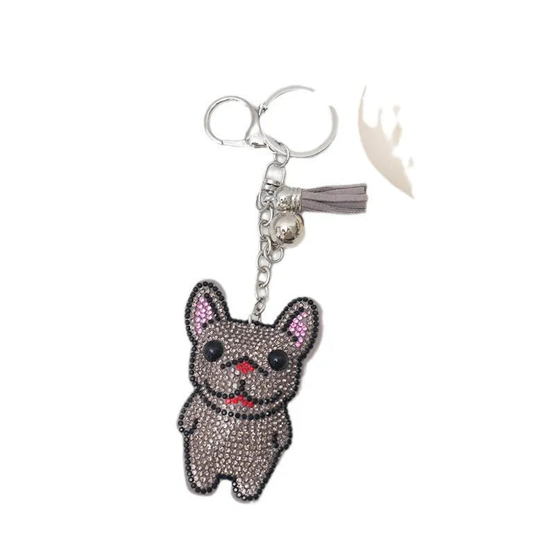 French dog rhinestone keychain pendant with cartoon animal charm on alloy base