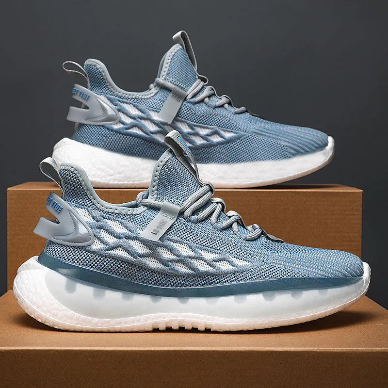Men's white mesh platform sneakers with flat heel and lace-up front closure