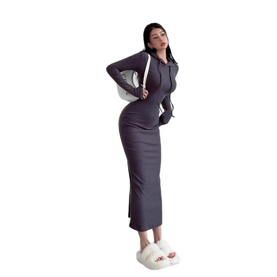 Women's grey hooded pullover dress with long sleeves and a high-waist sheath silhouette.
