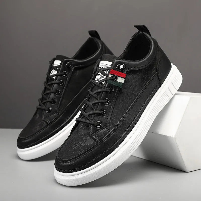 Casual men's high-top sneakers with PU upper and PVC sole, available in black, gray, and green.