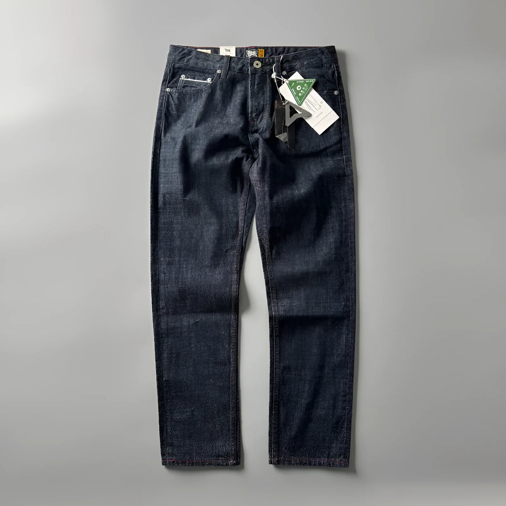 Men's primary colour straight leg denim trousers on a mid-waist fit model, showing American retro style.