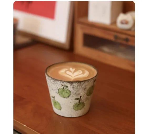 Handmade purple clay green pig tea cup with coaster, 9.2cm diameter, 280ml capacity