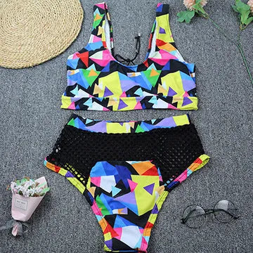 Women's cross strap fishnet high waist bikini set in checkered multicolor with bra top and shorts