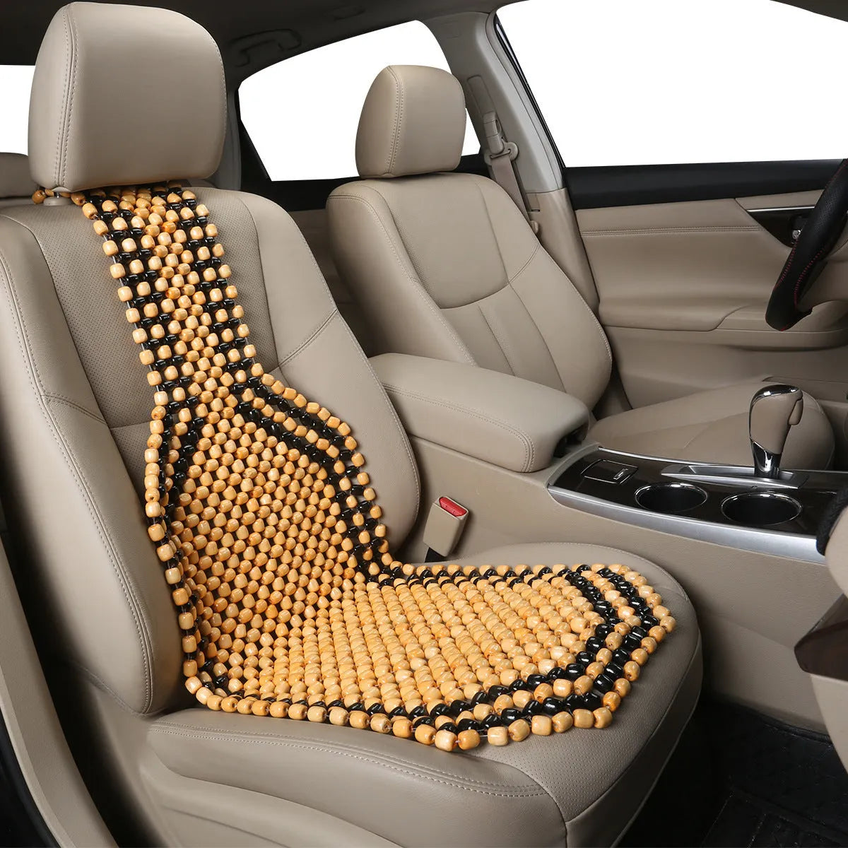Ventilated car seat cushion in beige mesh fabric for summer driving comfort