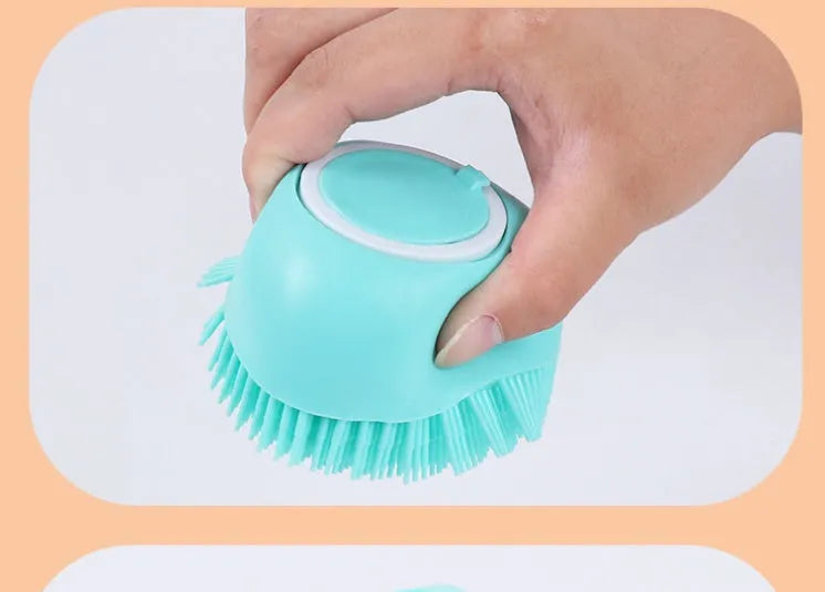Silicone dog bath brush in blue, pink, and yellow colours, compact 9x6x8.5cm grooming tool
