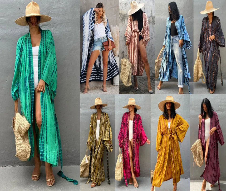 Loose cotton printed cover up shirt for beachwear shown in multiple colour options.