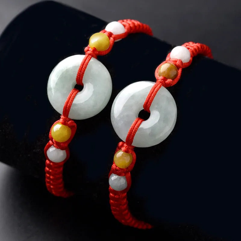Emerald round Burma jade pendant on adjustable red rope bracelet with certificate