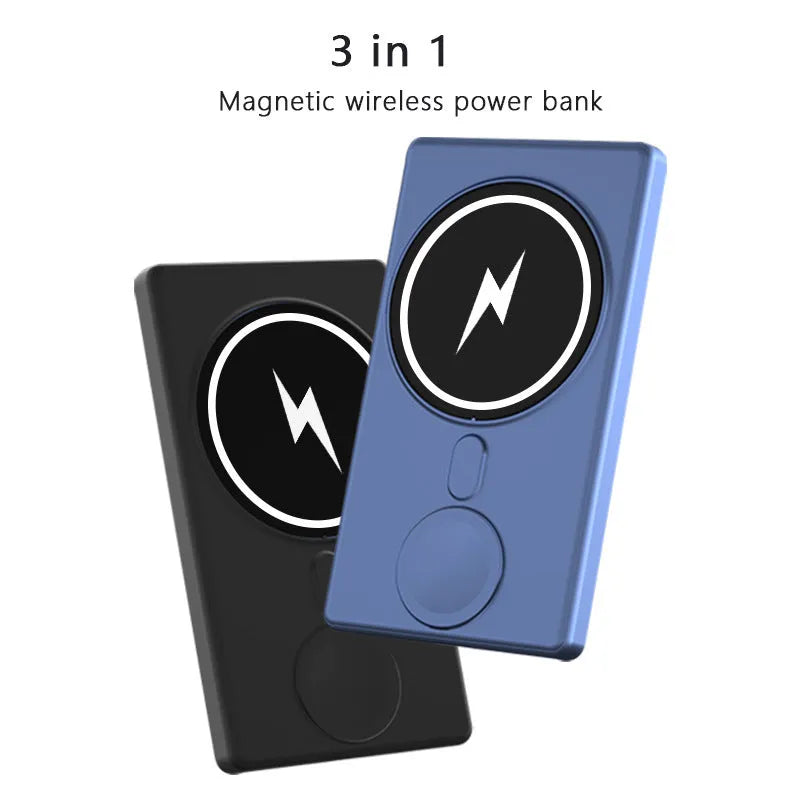 Three-in-one magnetic wireless charging power bank 5000mAh ultra-thin black and blue PVC shell