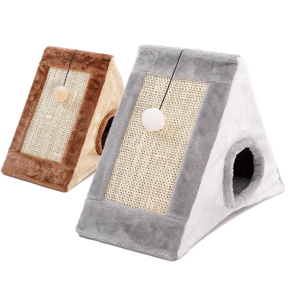 Triangular cat nest bed with sisal scratching posts in grey and white colour.