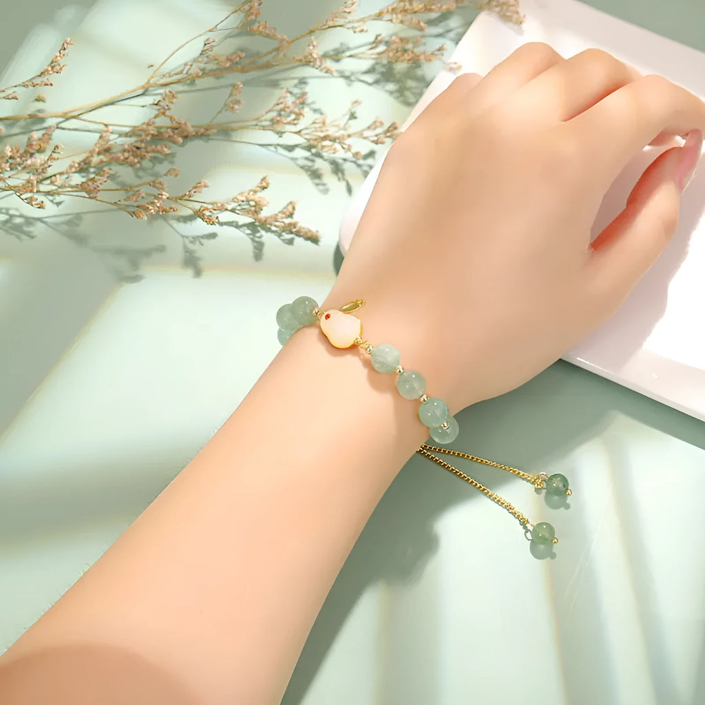 Personality New Temperament Rabbit Bracelet in green aventurine or strawberry quartz natural stone with gold-plated copper accents