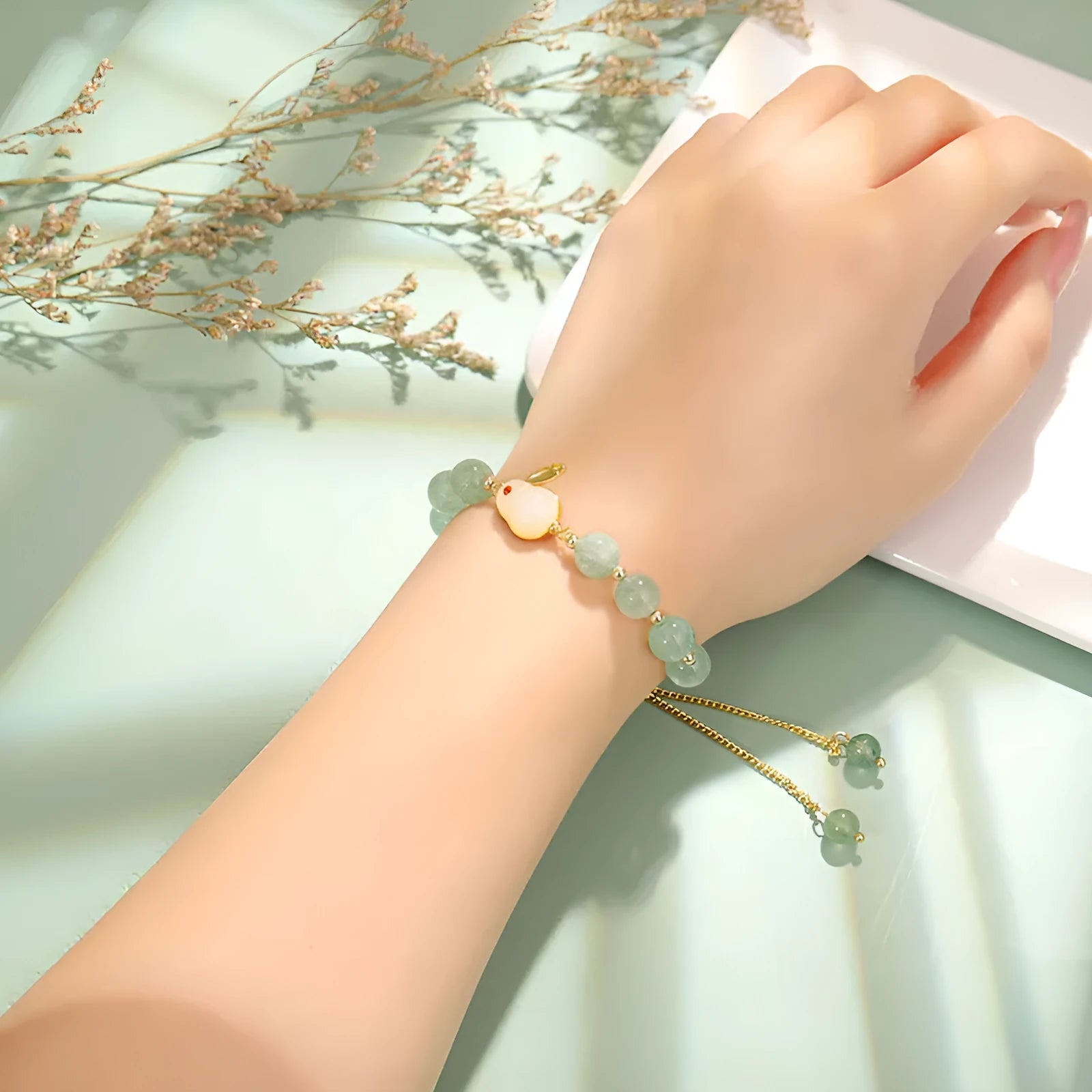 Personality New Temperament Rabbit Bracelet in green aventurine or strawberry quartz natural stone with gold-plated copper accents