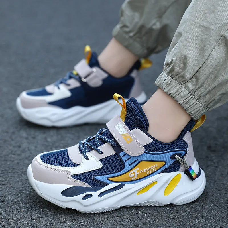 Boys' dark blue and beige PU mesh sports running shoes with Velcro strap and platform sole.