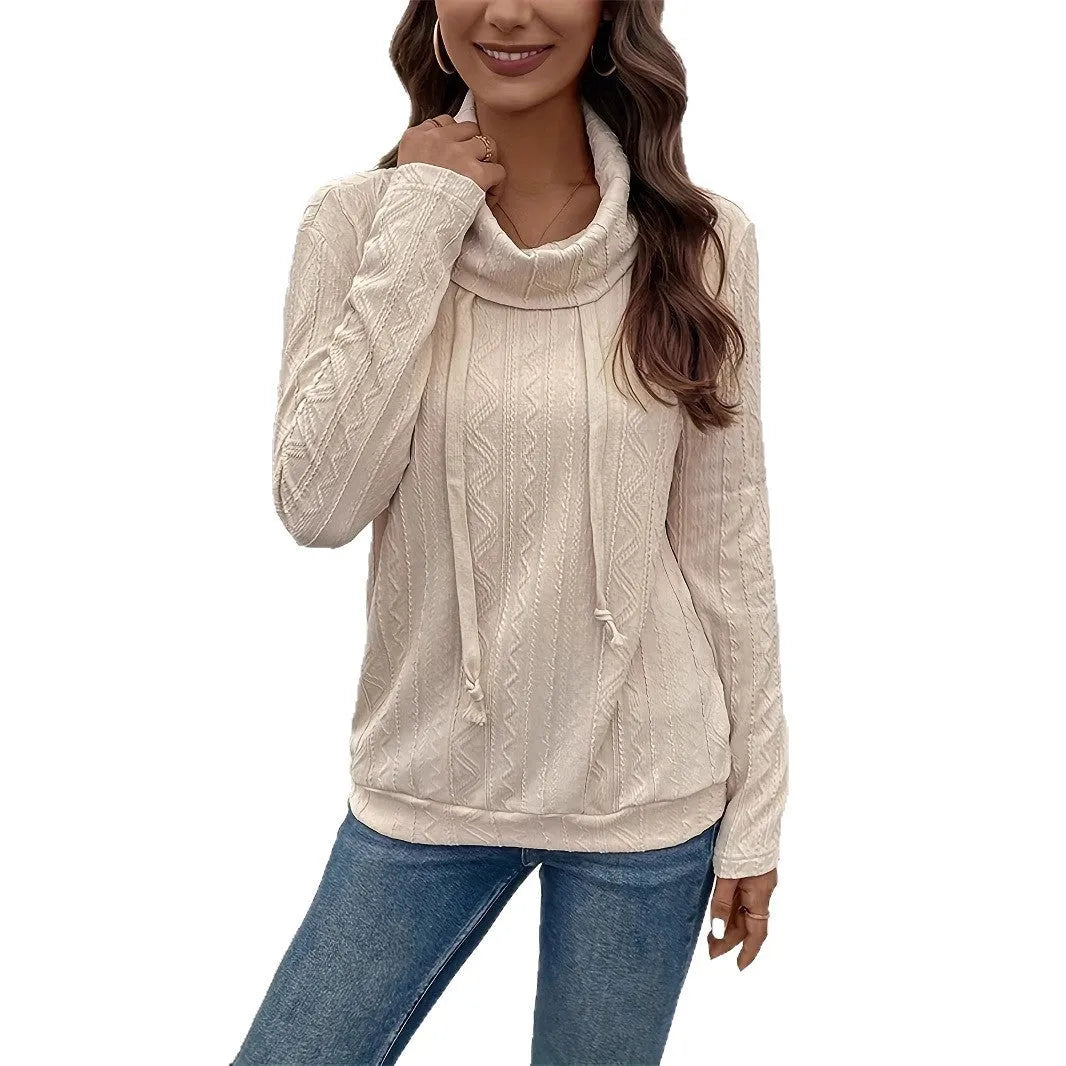 Apricot coloured women's hooded pullover sweater with long sleeves and drawstring adjustment