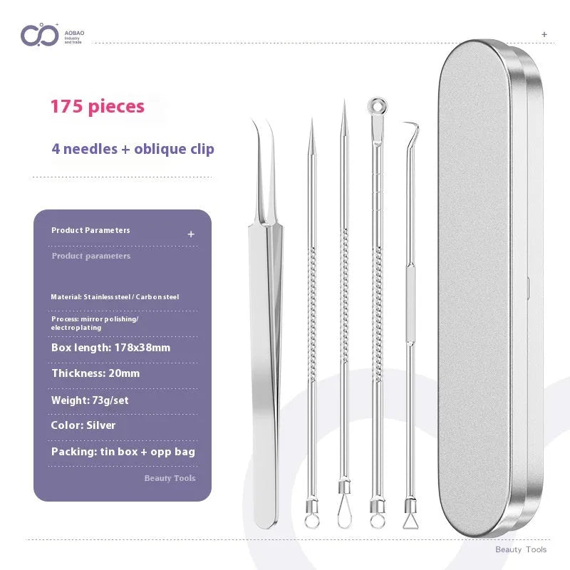 Four silver metal acne needles with ultra-fine points for blackhead removal.