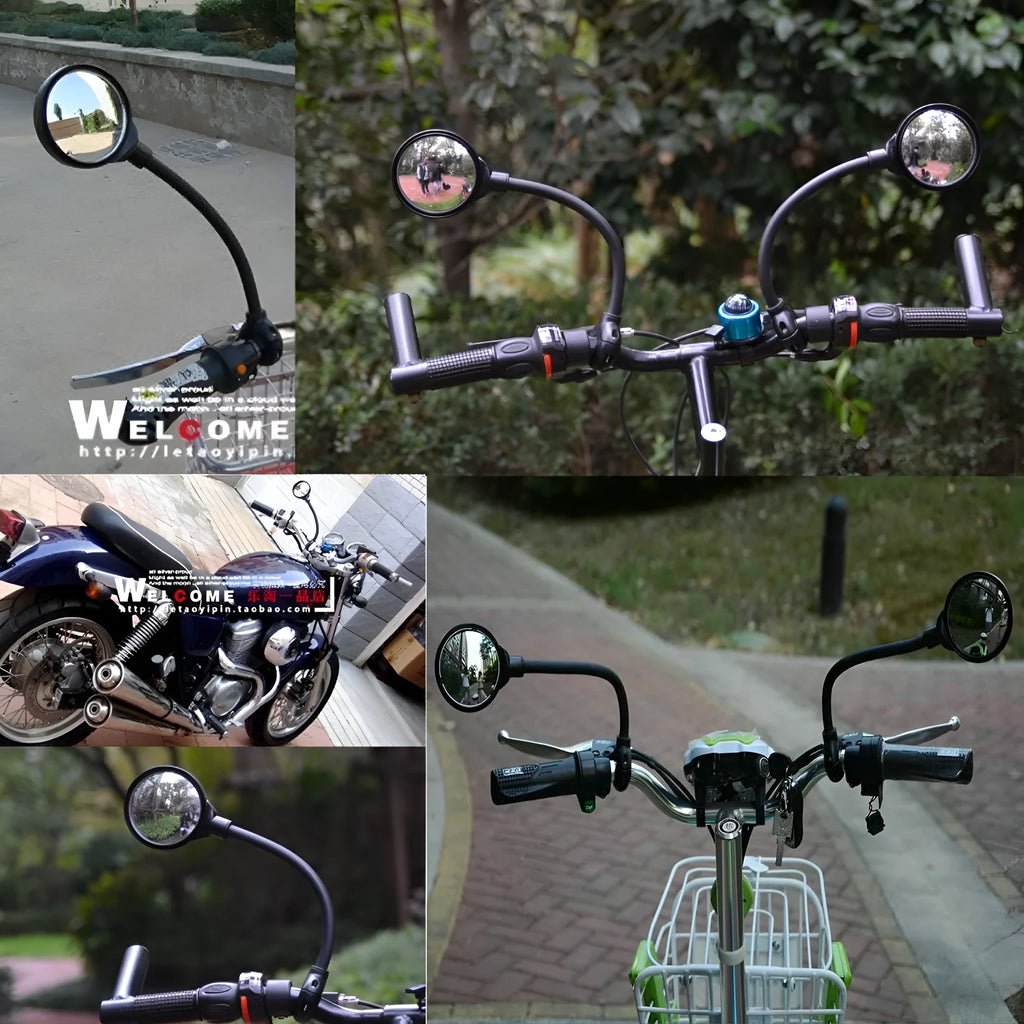 Hose adjustment bicycle rearview mirror in black colour with metal construction for universal handlebar fit