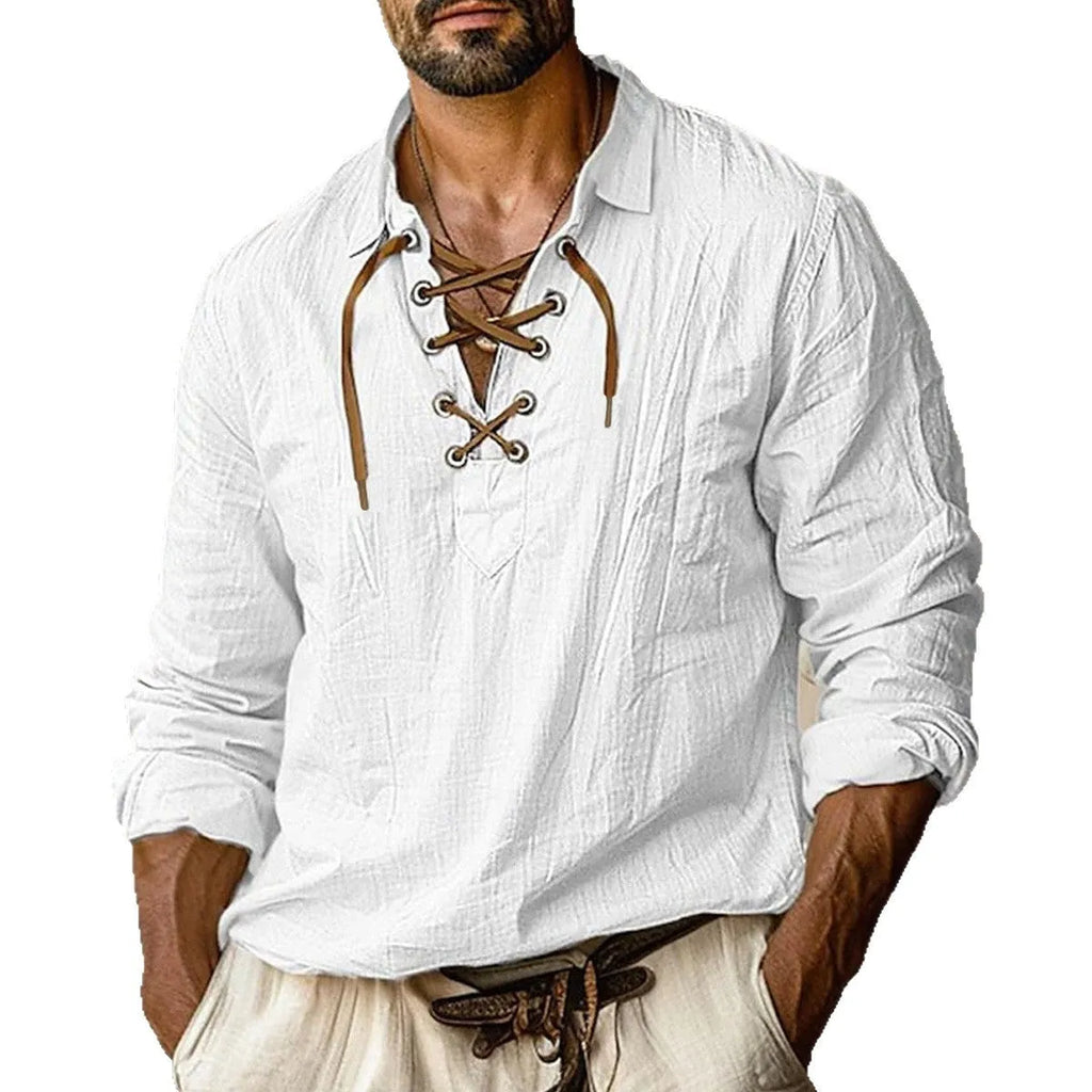 Men's loose fit long sleeve shirt with lace trim and lapels in a solid colour