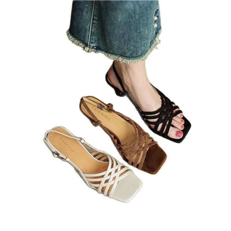 Women's retro soft leather thin cross straps high heel sandals with square toe and ankle buckle
