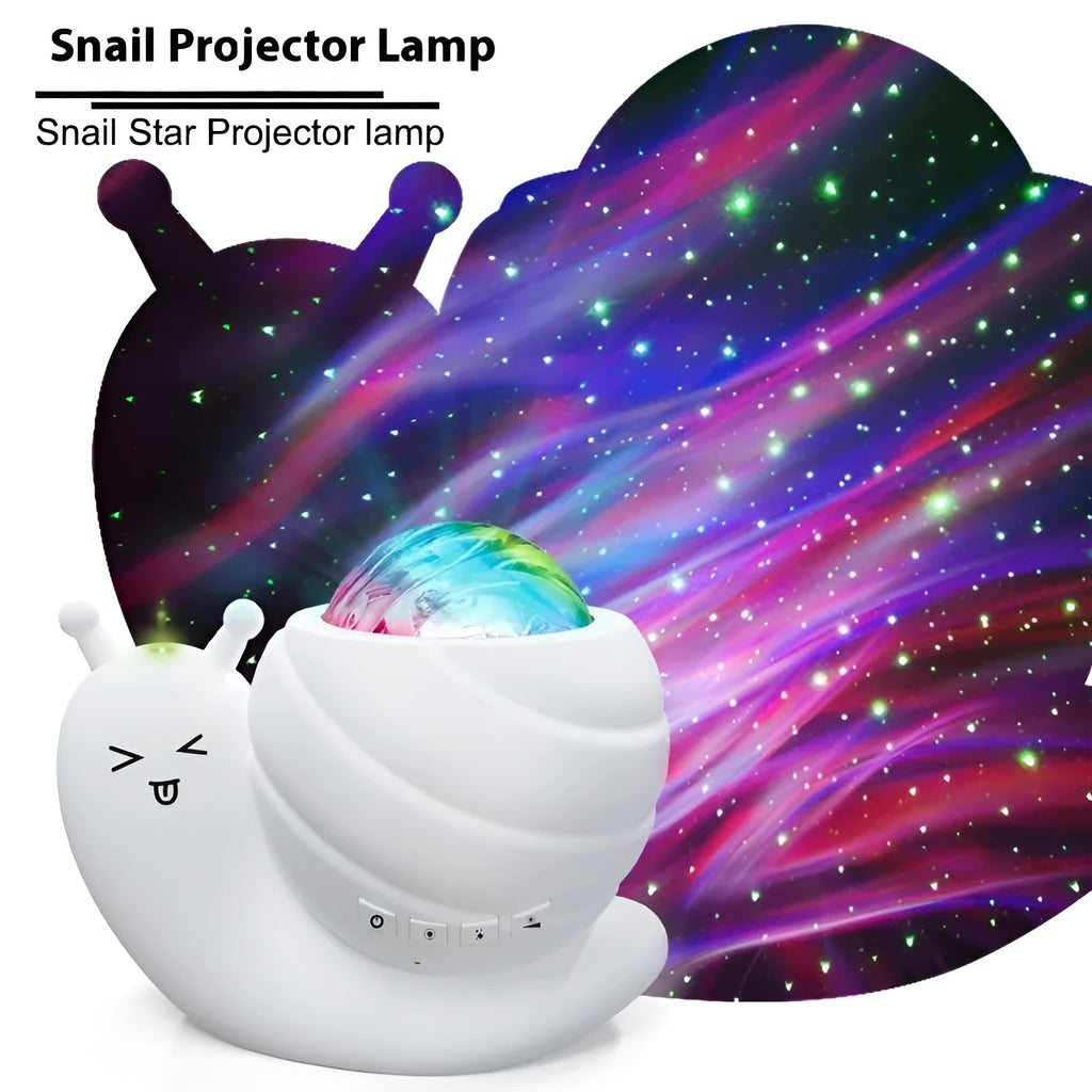 Snail-shaped starry sky projection lamp in blue, USB powered, with remote control