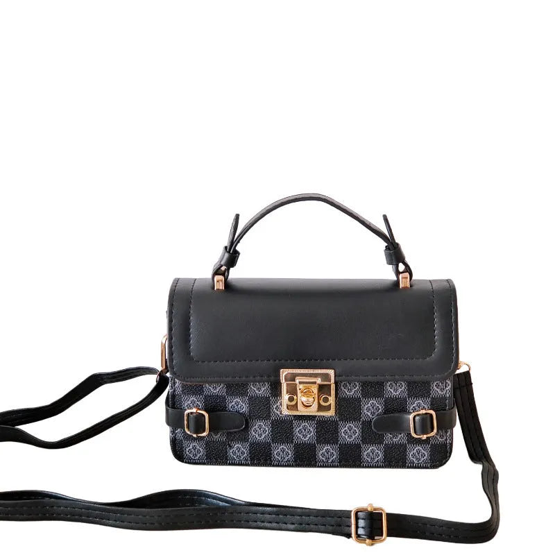 Small square ethnic crossbody bag in apricot PU leather with stitching and plaid patterns.