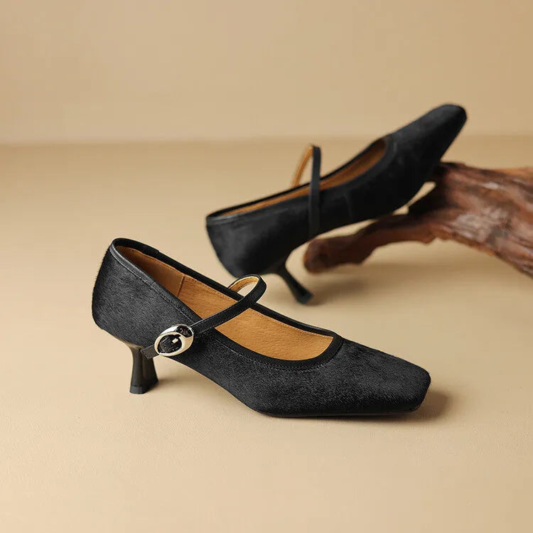 Women's square toe stiletto ankle-strap shoes in black or brown with horse hair upper and pigskin lining
