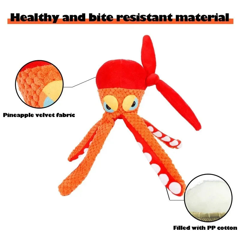 Orange octopus plush dog toy with squeaker for teeth cleaning, 20 cm length