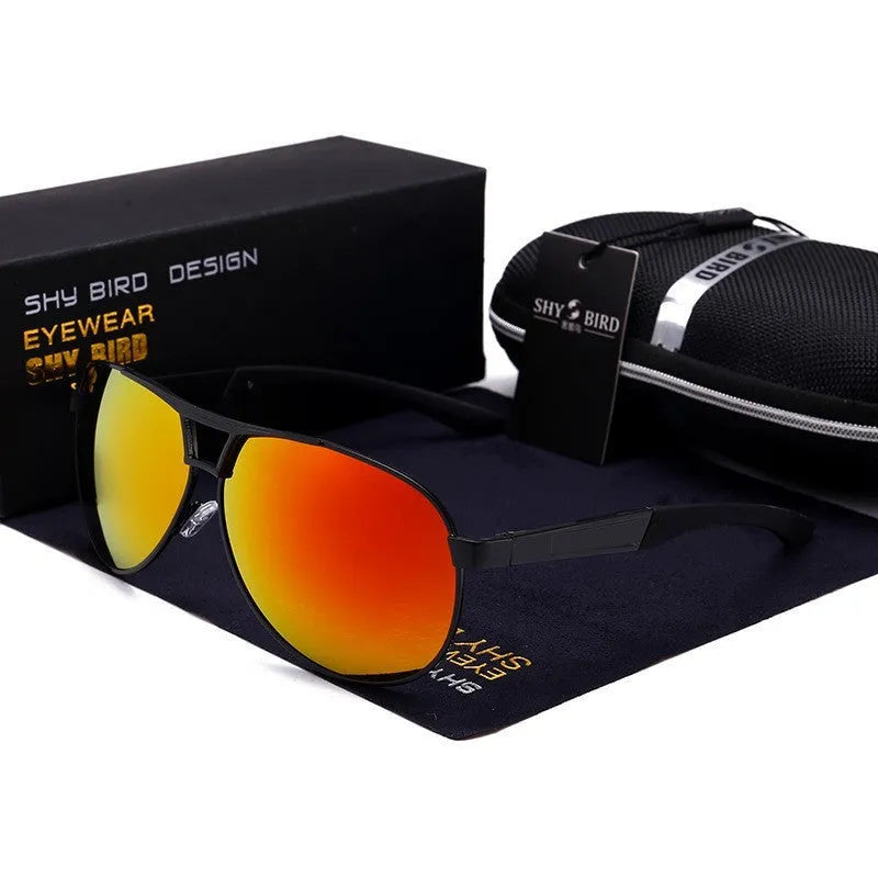 Men's orange red metal frame aviator sunglasses with polarised HD TAC lenses