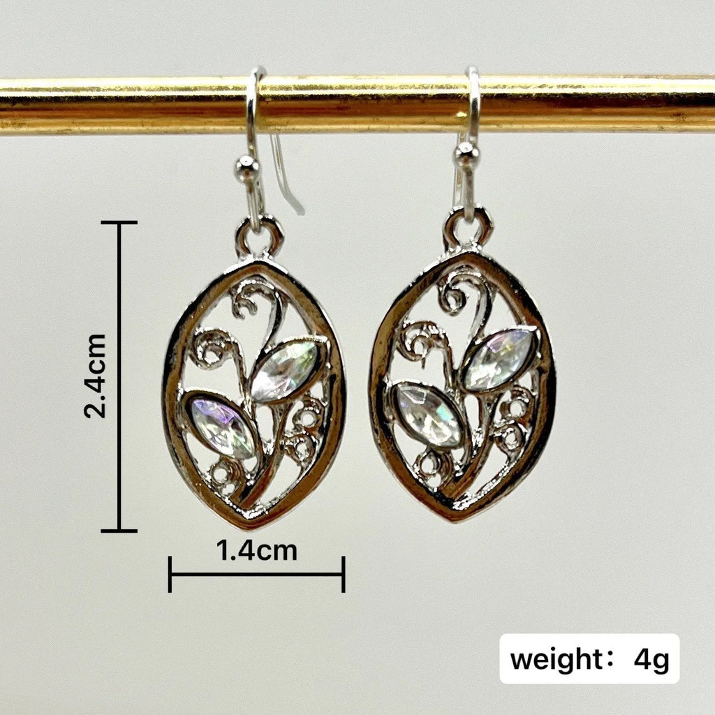 Silver colour leaf-shaped earrings with embedded colourful moonstones for women