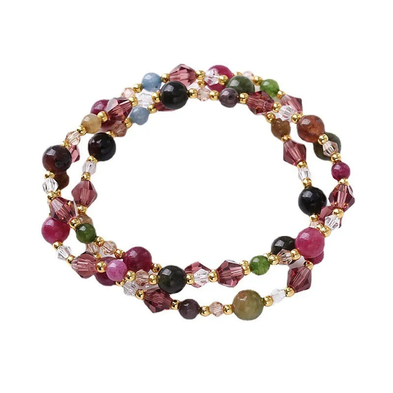 Women's adjustable three-ring crystal bracelet with tourmaline, strawberry quartz and amethyst stones
