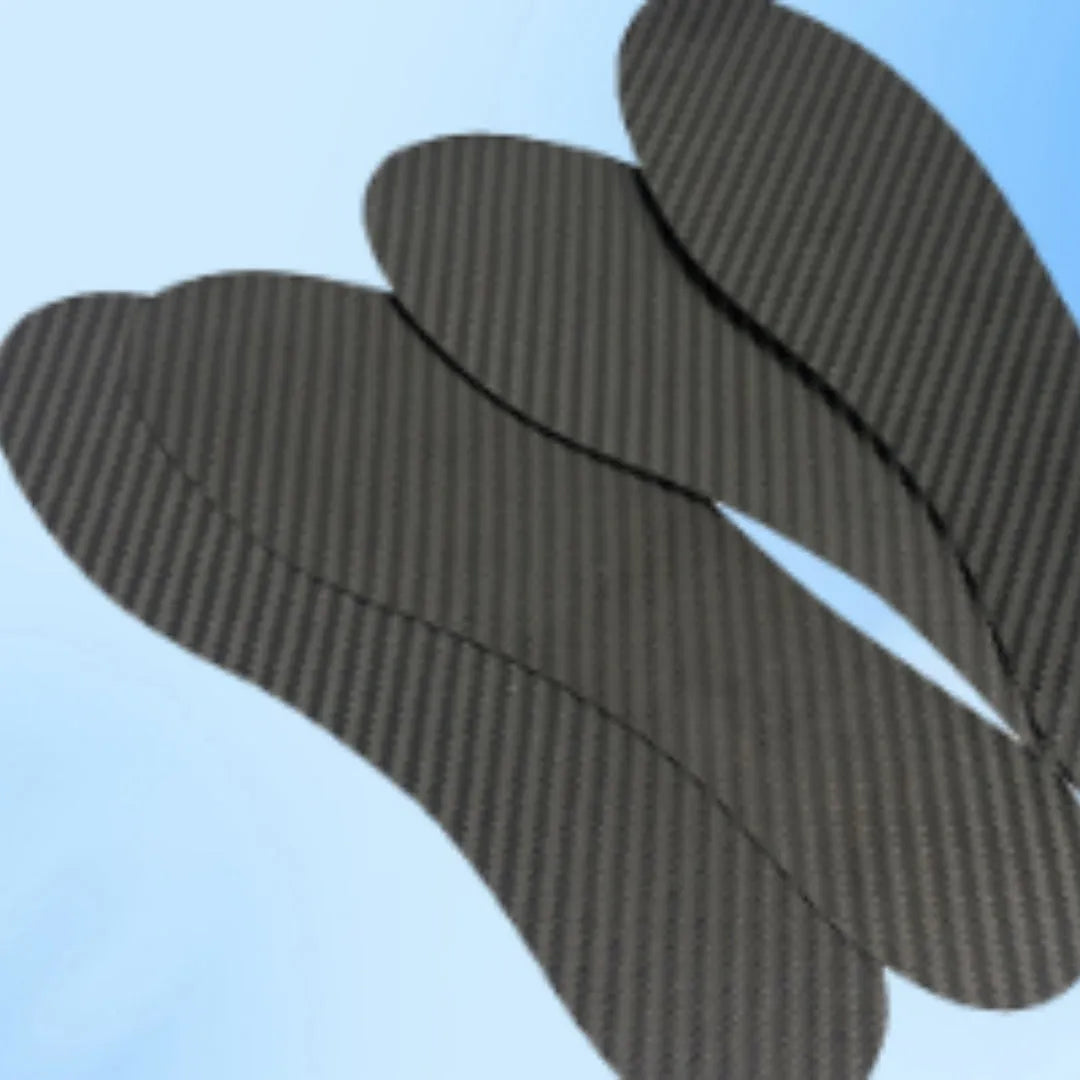 Black carbon fibre running insoles showing full palm design with thickness options from 0.8mm to 1.2mm