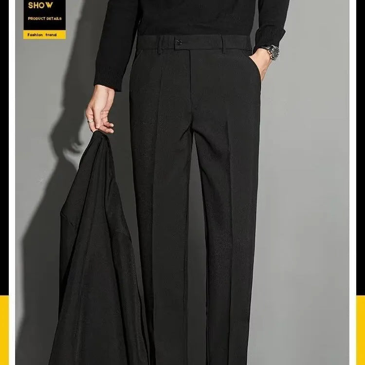 Men's straight-fit ankle-length suit trousers in a light gray colour, showing the draping effect.
