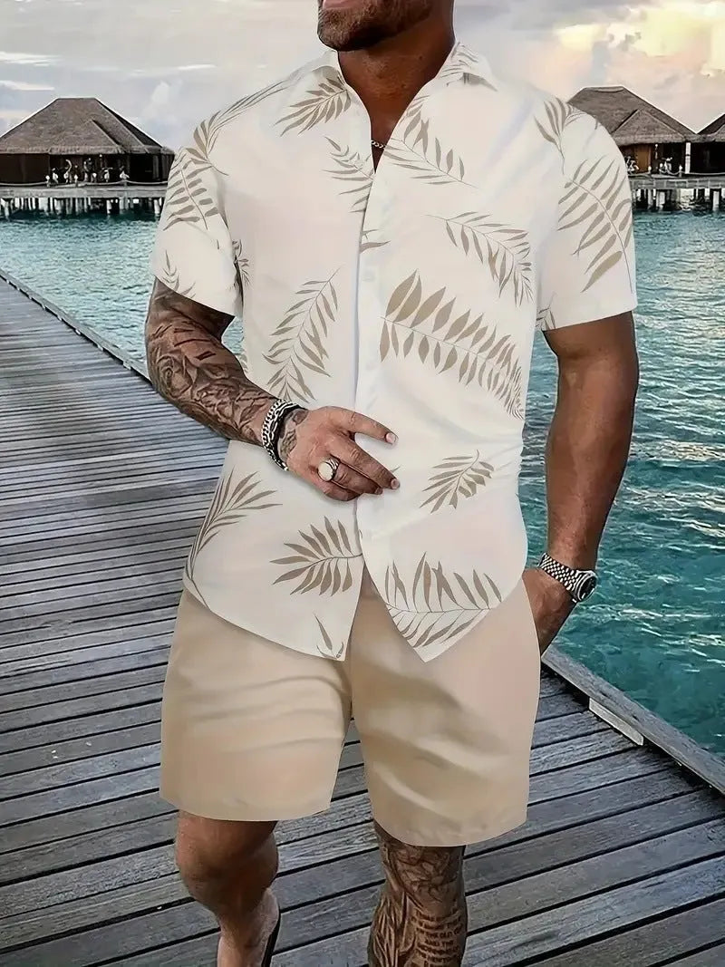 Men's Hawaiian print short sleeve suit with matching shorts, shown in available colours
