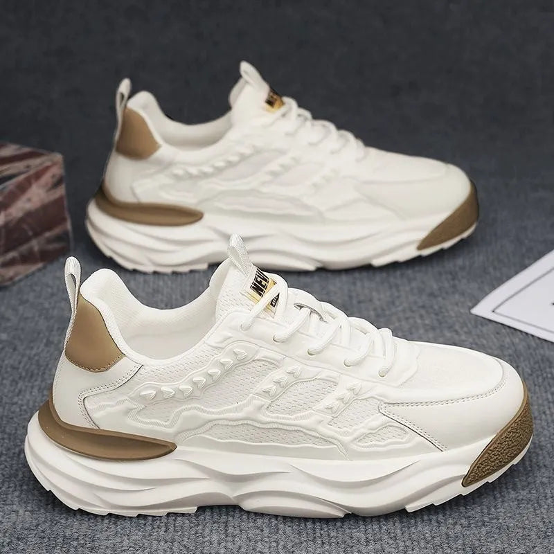 Men's white and black breathable mesh shoes with round toe design