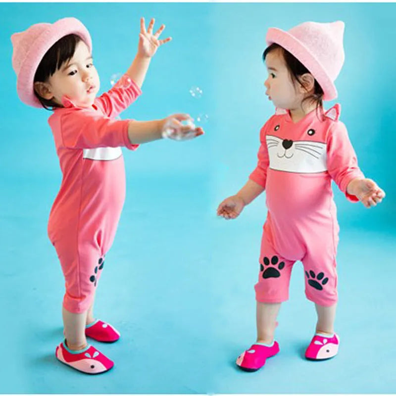One-piece swimsuit for baby boys and girls with long sleeves, high-elasticity polyester, sun protection, blue colour
